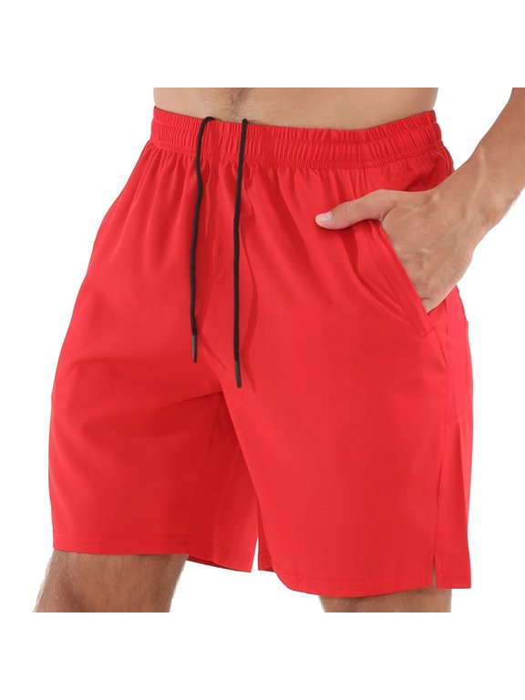 Mens Athletic Shorts Quick Dry Trunks Elastic Mid Waist Gym Workout Lightweight Stretch Shorts with Pockets Red XL