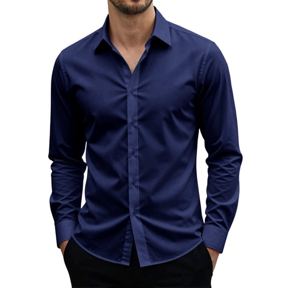 Satingcolo Mens Dress Shirts Long Sleeve Button Down Shirt Stretch Wrinkle Free Untucked Shirts for Men Business Casual,Dark Blue XS