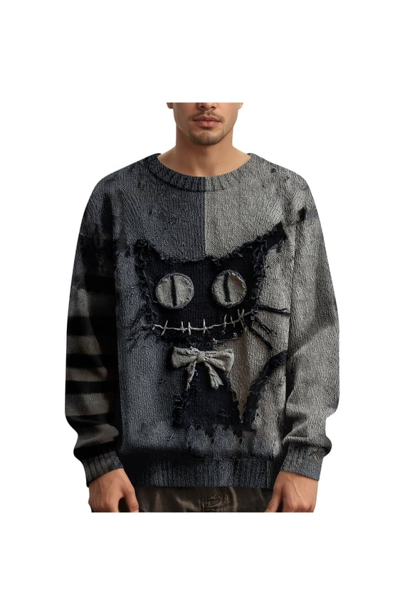 Mens Halloween Sweatshirt Spooky Pumpkin Face Print Patchwork Sweater Stitched Pullover Holiday Costumes Gray S