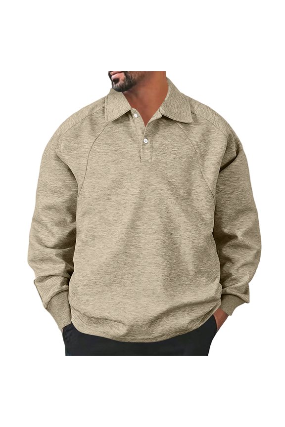 Mens Long Sleeve Polo Hoodies Lapel Button Ribbed Patchwork Casual Sweatshirts Loose Fit Quarter Button Pullover