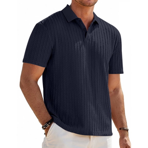 Satingcolo Mens Polo Shirt Texture Knitted Button T-Shirt Casual Short Sleeve Summer Vacation Golf Shirts,Navy M