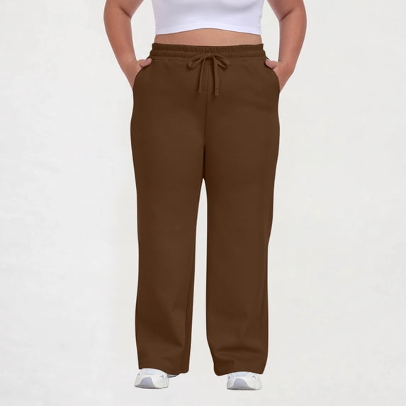 Satingcolo Plus Size Sweatpants For Women Wide Leg Solid Color Baggy Joggers Casual Loose Fit Track Pants With Pockets,Brown 2XL