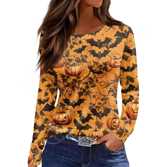 Satingcolo Pumpkin Sweatshirt for Women Halloween Crew Neck Shirt Funny Graphic Printed Long Sleeve Loose Pullover Top Ginger L