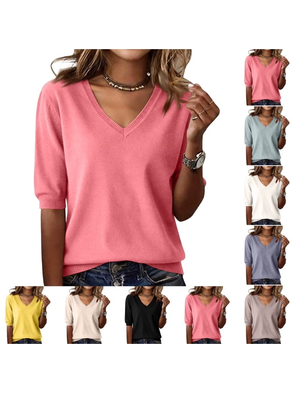 Short Sleeve Sweater for Women Lightweight V Neck Sweater Shirt Loose Fitted Cozy Sweaters Pullover Tops Basic Winter Clothing for Work