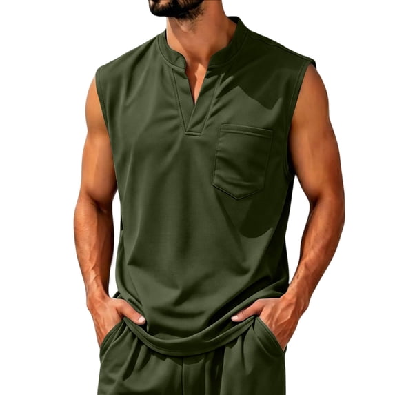 Satingcolo Sleeveless Henley Tank Tops for Men Notch V Neck Chest Pocket Casual Shirts Summer Outdoor Camping Gym Athletic Shirt