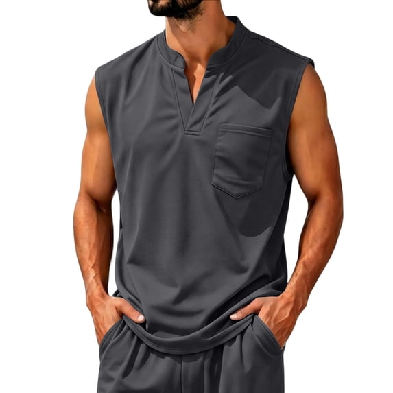 Satingcolo Sleeveless Henley Tank Tops for Men Notch V Neck Chest Pocket Casual Shirts Summer Outdoor Camping Gym Athletic Shirt