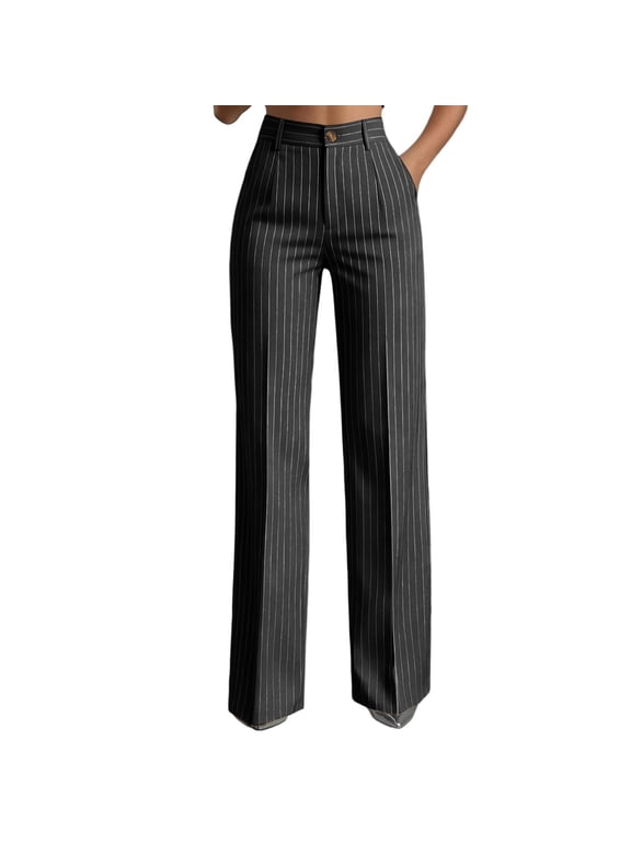 Striped Dress Pants For Womens Wide Leg Business Casual Dressy Pants High Waisted Office Work Trousers with Pockets,Black XS