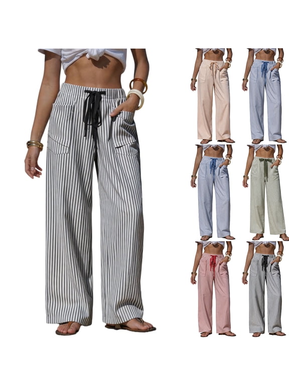 Striped Wide Leg Pants for Women Flowy Palazzo Drawstring Elastic Waist Trousers with Pockets Summer Beach Vacation Clothes