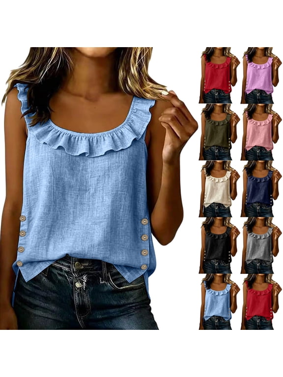 Tank Tops for Women Sleeveless Ruffle Round Neck Tops Trendy Backless Side Split Shirts Lightweight Vest Top for Summer, Size S-XL