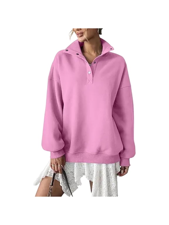 Trendy Queen Women's Oversized Mock Neck Sweatshirts - Lightweight Snap Button Henley Neck Cozy Pullover Casual Tops,Pink L