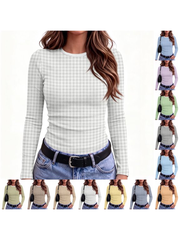 Women Fall Gingham Plaid Crewneck Long Sleeve Going Out Top Crew Neck Slim Fitted Knit Layering Basic Casual Tee Shirt