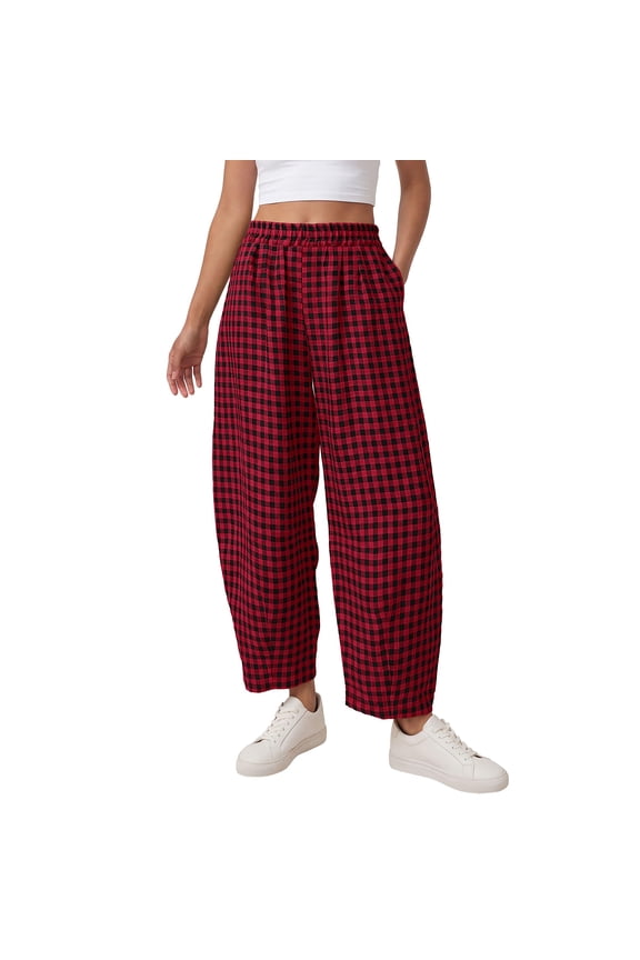 Women High Waist Barrel Pants 2026 Spring Summer Loose Wide Leg Gingham Plaid Lounge Beach Casual Trousers,Wine S