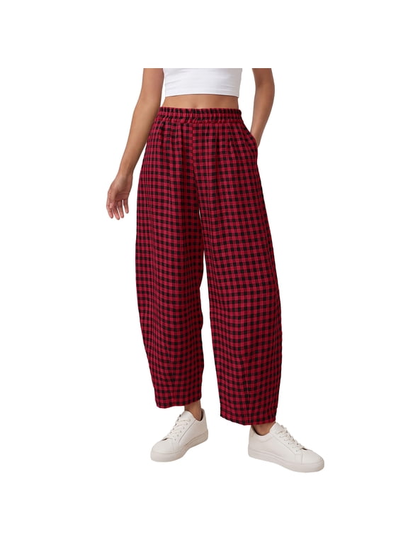 Women High Waist Barrel Pants 2026 Spring Summer Loose Wide Leg Gingham Plaid Lounge Beach Casual Trousers,Wine XL