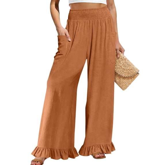 Satingcolo Women Linen Pants Summer Ruffle Wide Leg Palazzo Pant Smocked Waist Travel Lounge Trousers Beach Vacation Outfits Orange 2XL