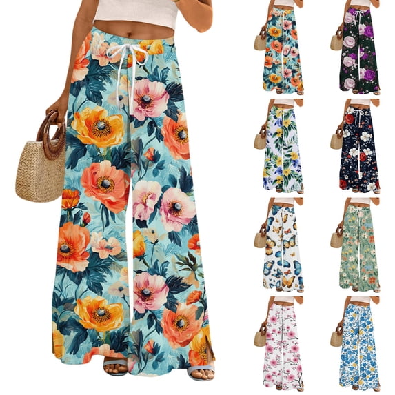 Satingcolo Women Summer Flowy Wide Leg Pants Drawstring Elastic Waist Casual Lounge Beach Palazzo Trouser with Pockets, Size S-2XL