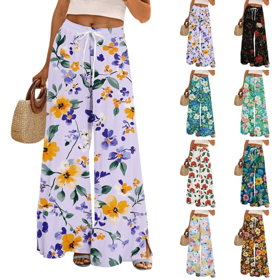 Satingcolo Women Summer Flowy Wide Leg Pants Drawstring Elastic Waist Casual Lounge Beach Palazzo Trouser with Pockets, Size S-2XL