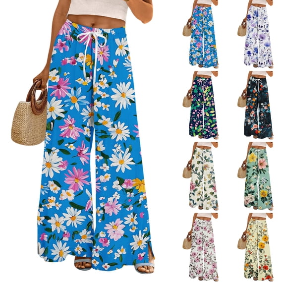 Satingcolo Women Summer Flowy Wide Leg Pants Drawstring Elastic Waist Casual Lounge Beach Palazzo Trouser with Pockets, Size S-2XL