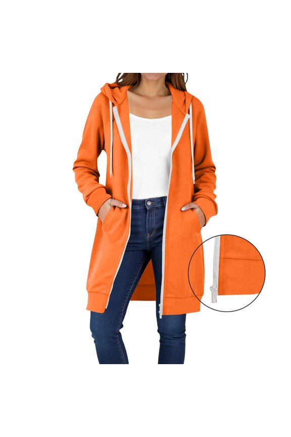 Women's Oversized Zip Up Hooded Sweatshirt, Soft Light Long Sleeve Casual Jacket With Side Pockets, Autumn Daily Fashion Outerwear,Orange M