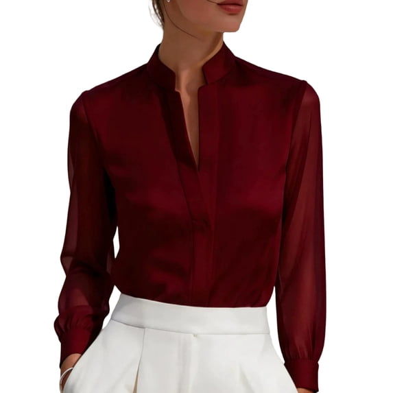 Satingcolo Women's Sheer Button Up Blouse Tops Dressy Business Casual Fall Mesh Long Sleeve Button Down Work Shirt Top