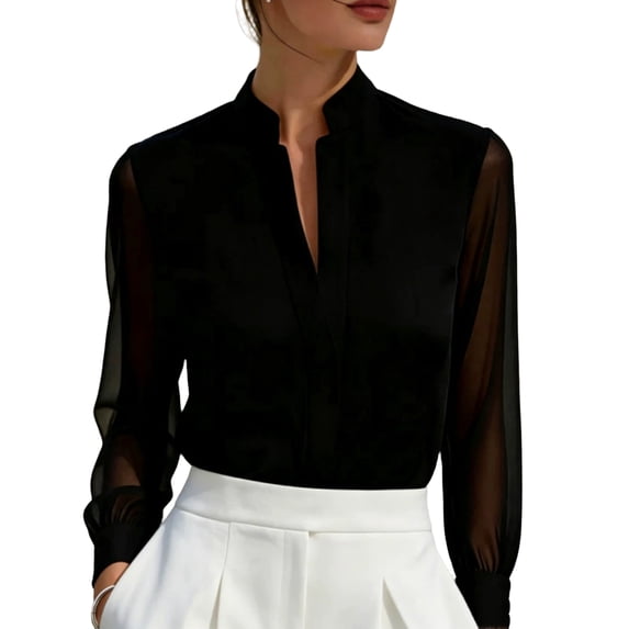 Satingcolo Women's Sheer Button Up Blouse Tops Dressy Business Casual Fall Mesh Long Sleeve Button Down Work Shirt Top