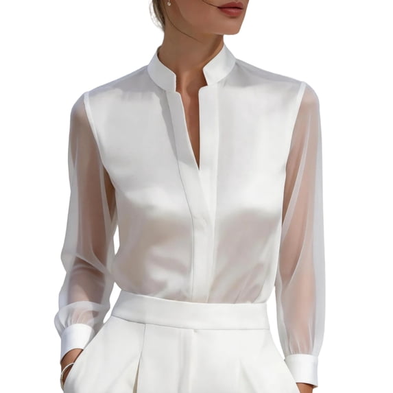 Satingcolo Women's Sheer Button Up Blouse Tops Dressy Business Casual Fall Mesh Long Sleeve Button Down Work Shirt Top
