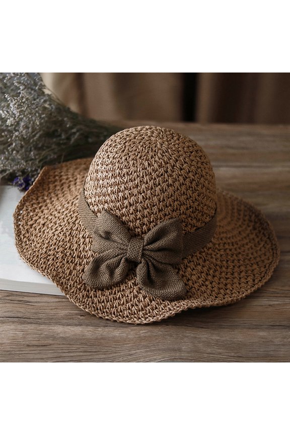 Women's Straw Sun Hat with Bow, Breathable Crochet Bucket Hat, UV Protection Beach Hat, Lightweight Foldable Summer,Coffee One Size