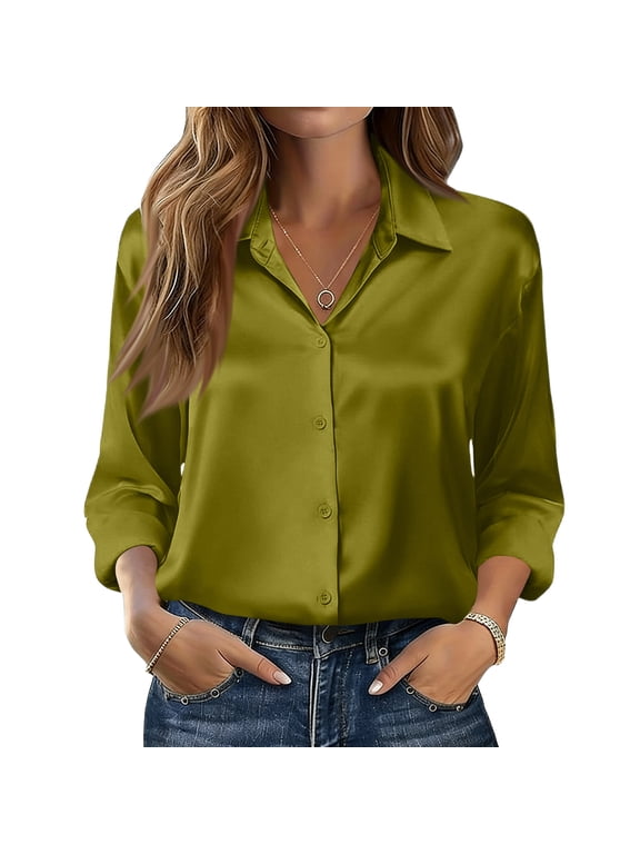 Womens Button Down Shirts Long Sleeve Lightweight Tops Silk Satin Blouses Summer Business Casual Fashion Outfit Camel S