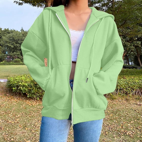 Satingcolo Womens Hoodies Zip Up Casual Long Sleeve Oversized Hoodie Y2K Full Zipper Preppy Sweatshirts Jackets,Green 2XL