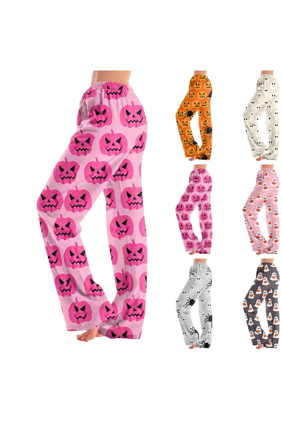 Womens Pajamas Cute Halloween Ghost Pumpkin Print Pajama Pants Sleep Lounge Pjs Bottoms S-2XL