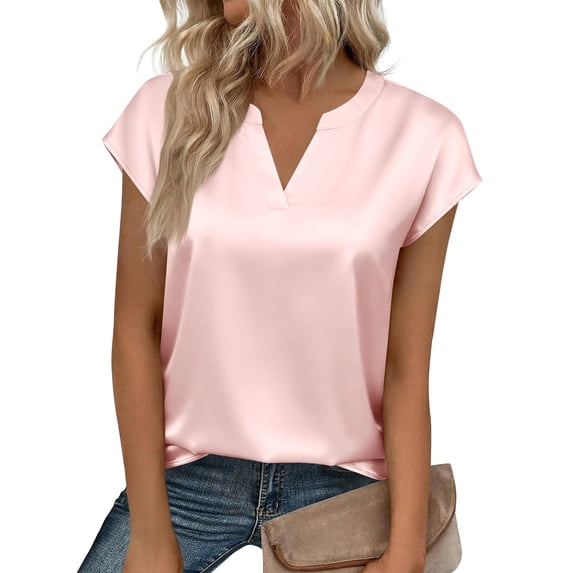 Satingcolo Womens Shirts Silk Satin Blouses V Neck Summer Shirts Cap Sleeve Business Casual Dressy Spring Summer Clothing Light pink L