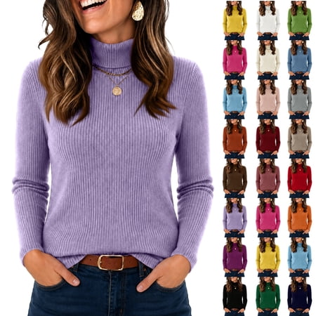 Satingcolo Womens Slim Fit Turtleneck Sweaters Ribbed Knit Long Sleeve Pullover Tops Basic Winter Clothing for Dressy Office Work