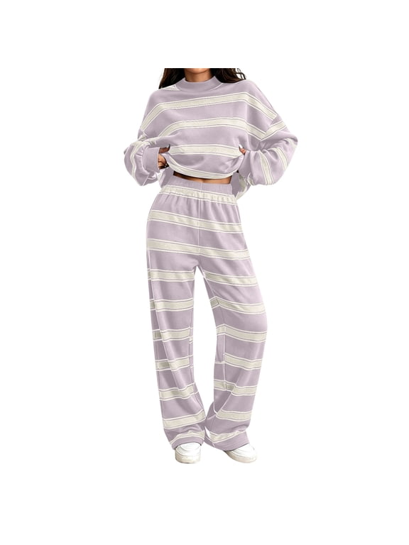 Womens Striped Print Sets Mock Neck Sweatshirt & Long Pants Sets 2 Piece Lounge Outfits Sets for Daily Wear M