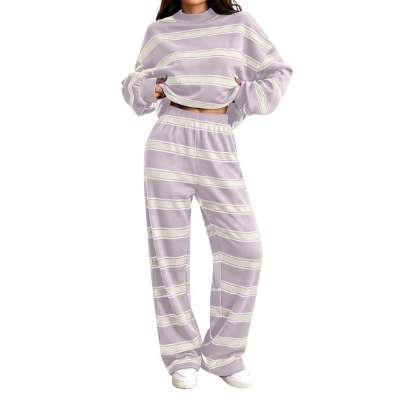 Satingcolo Womens Striped Print Sets Mock Neck Sweatshirt & Long Pants Sets 2 Piece Lounge Outfits Sets for Daily Wear M