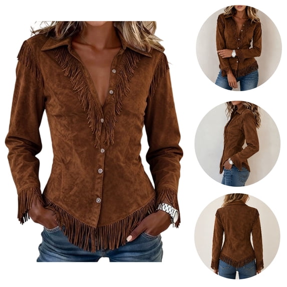 Satingcolo Womens Vintage Fringe Suede Western Cowgirl Shirts Long Sleeve Button Down Rodeo Tops Slim Fit Country Concert Jacket Brown-A M