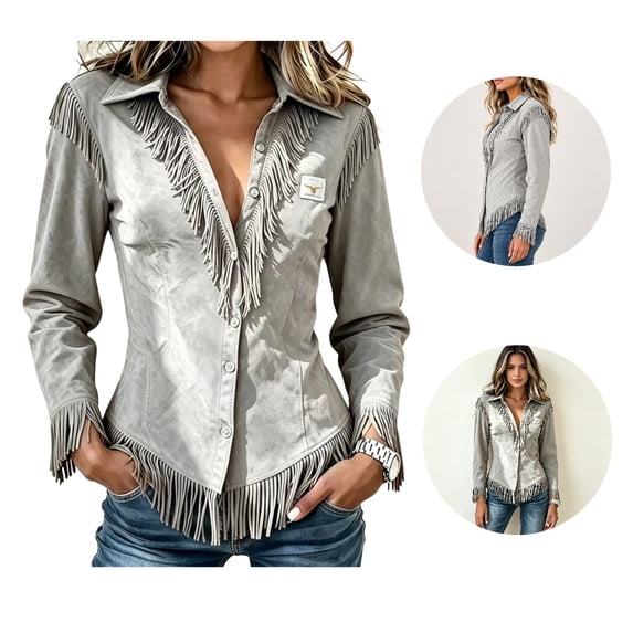 Satingcolo Womens Vintage Fringe Suede Western Cowgirl Shirts Long Sleeve Button Down Rodeo Tops Slim Fit Country Concert Jacket Gray-A 2XL