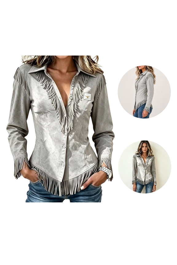 Womens Vintage Fringe Suede Western Cowgirl Shirts Long Sleeve Button Down Rodeo Tops Slim Fit Country Concert Jacket Gray-A S