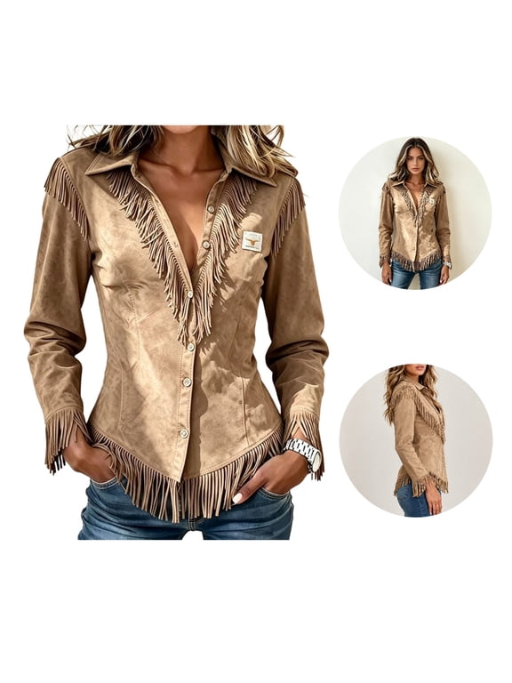 Womens Vintage Fringe Suede Western Cowgirl Shirts Long Sleeve Button Down Rodeo Tops Slim Fit Country Concert Jacket Light Brown-A M