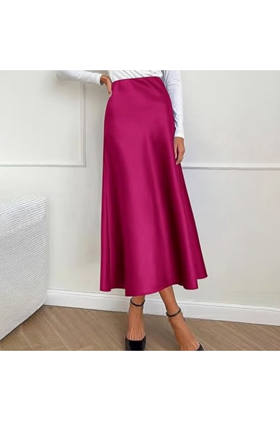 Satins Skirts for Women Elegant High Waist Solid Color Dressy Elastic Waist Womens Long Skirt Hot Pink XL