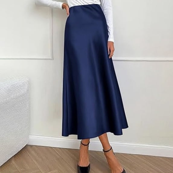 Satins Skirts for Women Elegant High Waist Solid Color Dressy Elastic Waist Womens Long Skirt Navy S