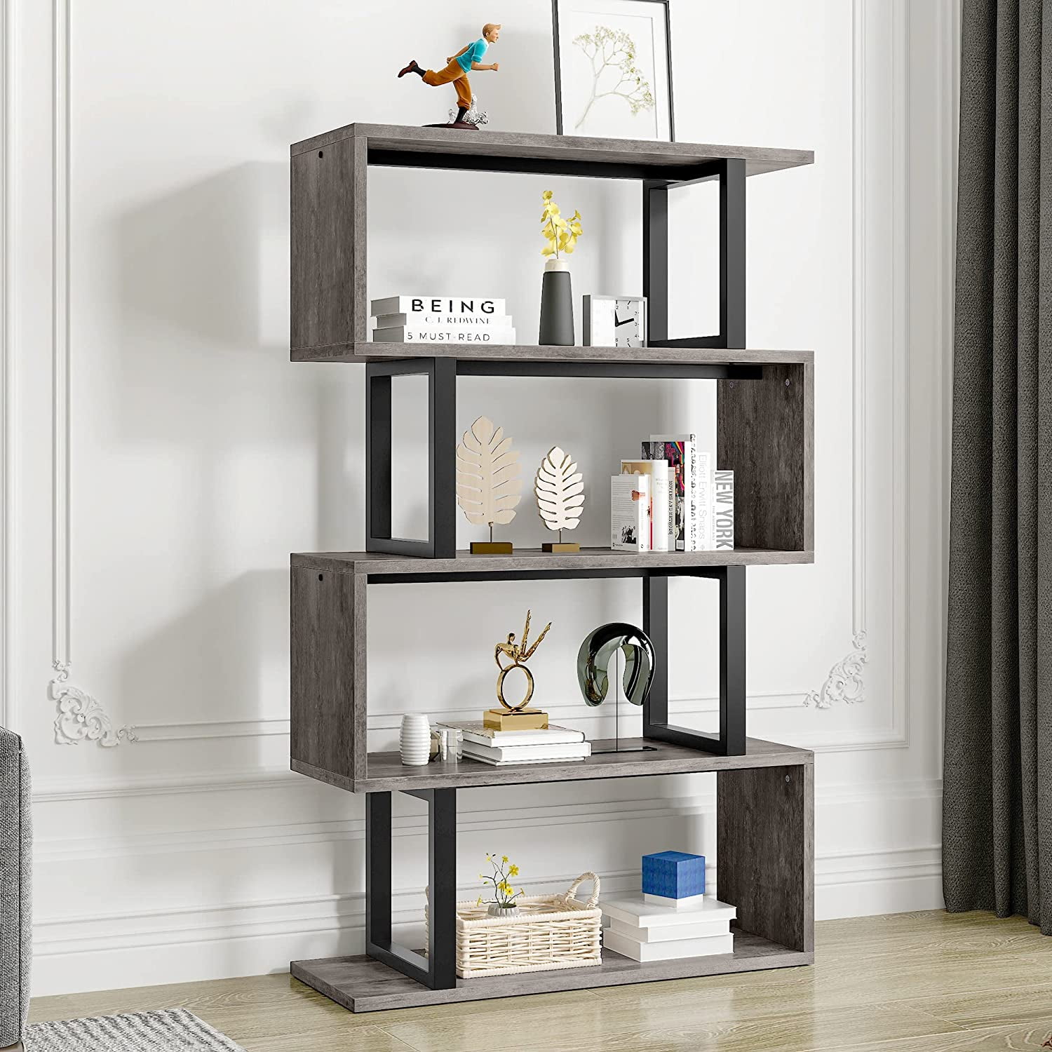 Gray and Black S-Shaped 5-Tier Industrial Bookshelf