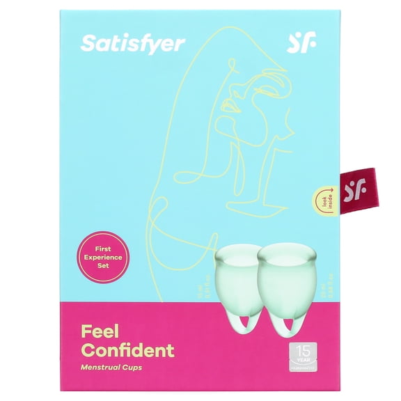 Satisfyer Feel Confident Menstrual Cup - Reusable Period Cup with Removal Ring - Soft, Flexible Body-Safe Silicone, Easy Insertion & Removal - Includes 2 Cup Sizes for All Flows (Dark Green)