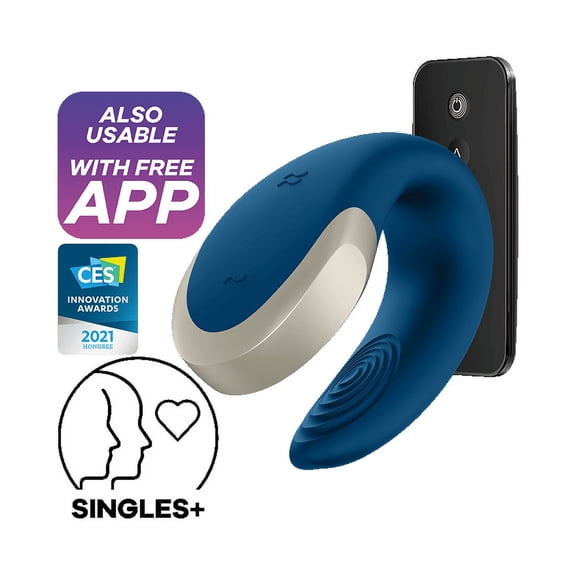 Satisfyer Luxury Double Love Couples Vibrator with App Control and Wireless Remote - G-Spot and Clitoral Stimulation, Partner Toy - Compatible with Satisfyer App, Waterproof, Rechargeable (Blue)