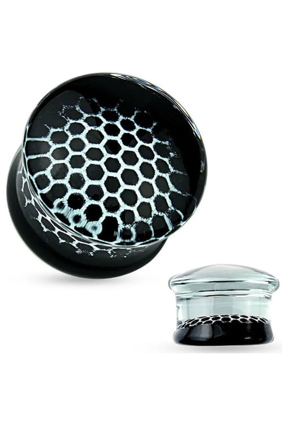 11mm 7/16" Black Honeycomb Pattern Clear Pyrex Glass Double Flared Plugs Ear Gauges Piercing Jewelry, Sold As Pair