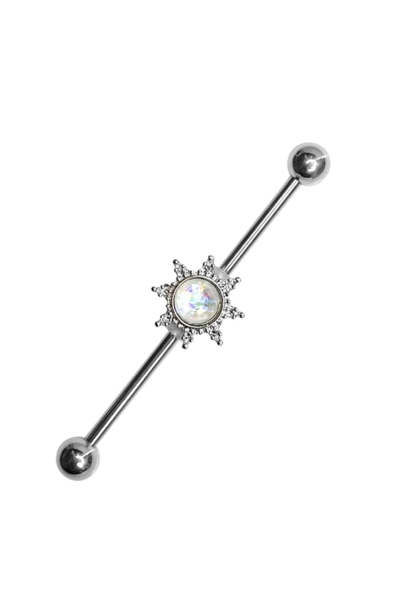14G Surgical Steel Industrial Barbell Sunburst AB Accent Opal Center Sun Industrial Earrings Bar Piercing Jewelry 38mm 1 & 1/2 Inch