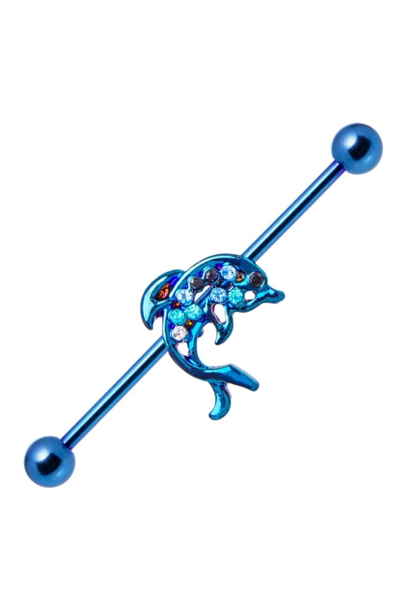 14G Surgical Steel PVD Blue Dolphin Industrial Barbell Earrings Bar Helix Cartilage Piercing Jewelry 38mm 1 & 1/2 Inch