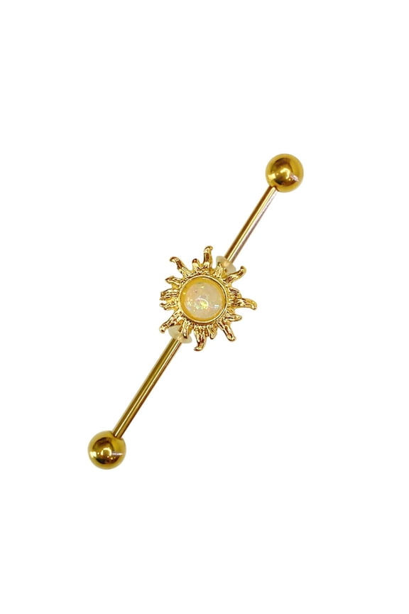 14G Surgical Steel PVD Gold Industrial Barbell Opal Center Golden Blazing Sun Industrial Earrings Bar Piercing Jewelry 38mm 1 & 1/2 Inch