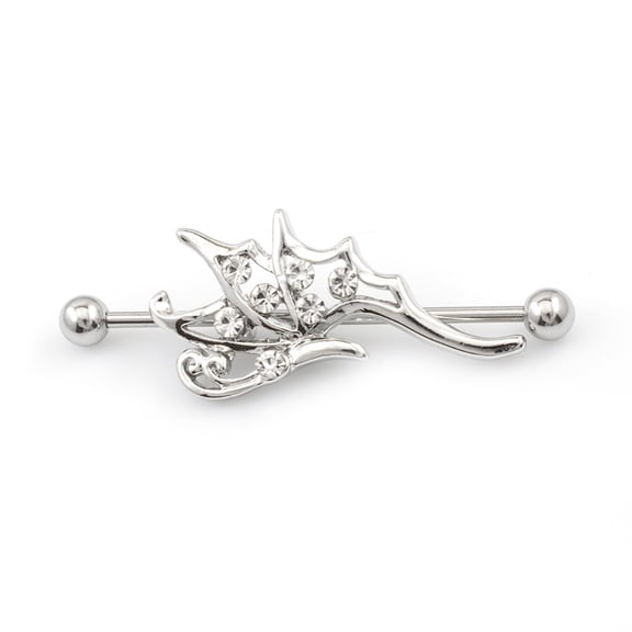 Satix 14G Surgical Steel Paved CZ Butterfly Industrial Barbell Earrings Bar Helix Cartilage Piercing Jewelry 38mm 1 & 1/2 Inch