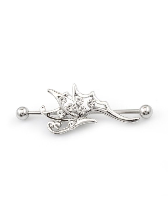 14G Surgical Steel Paved CZ Butterfly Industrial Barbell Earrings Bar Helix Cartilage Piercing Jewelry 38mm 1 & 1/2 Inch