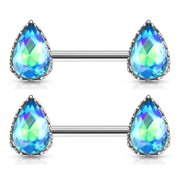 Satix 2PCS 14G Nipple Bars Rings Aurora Borealis Effect Crystal Aqua CZ Tear Drop Nipple Piercing Jewelry 12mm 1/2 Inch