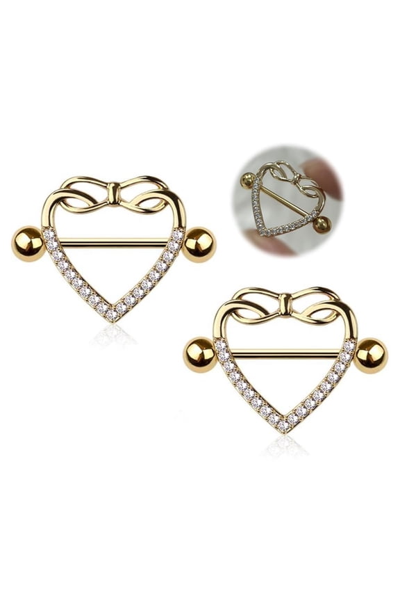 2PCS 14G Surgical Steel PVD Gold Nipple Shield Rings Clear CZ Infinity Love Heart Nipple Barbell Nipplerings Piercing Jewelry 14mm 9/16 Inch